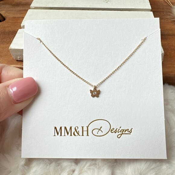 New Dainty 14k Yellow Gold Filled Tiny Butterfly Pendant on Fine Chain Necklace - Picture 1 of 4